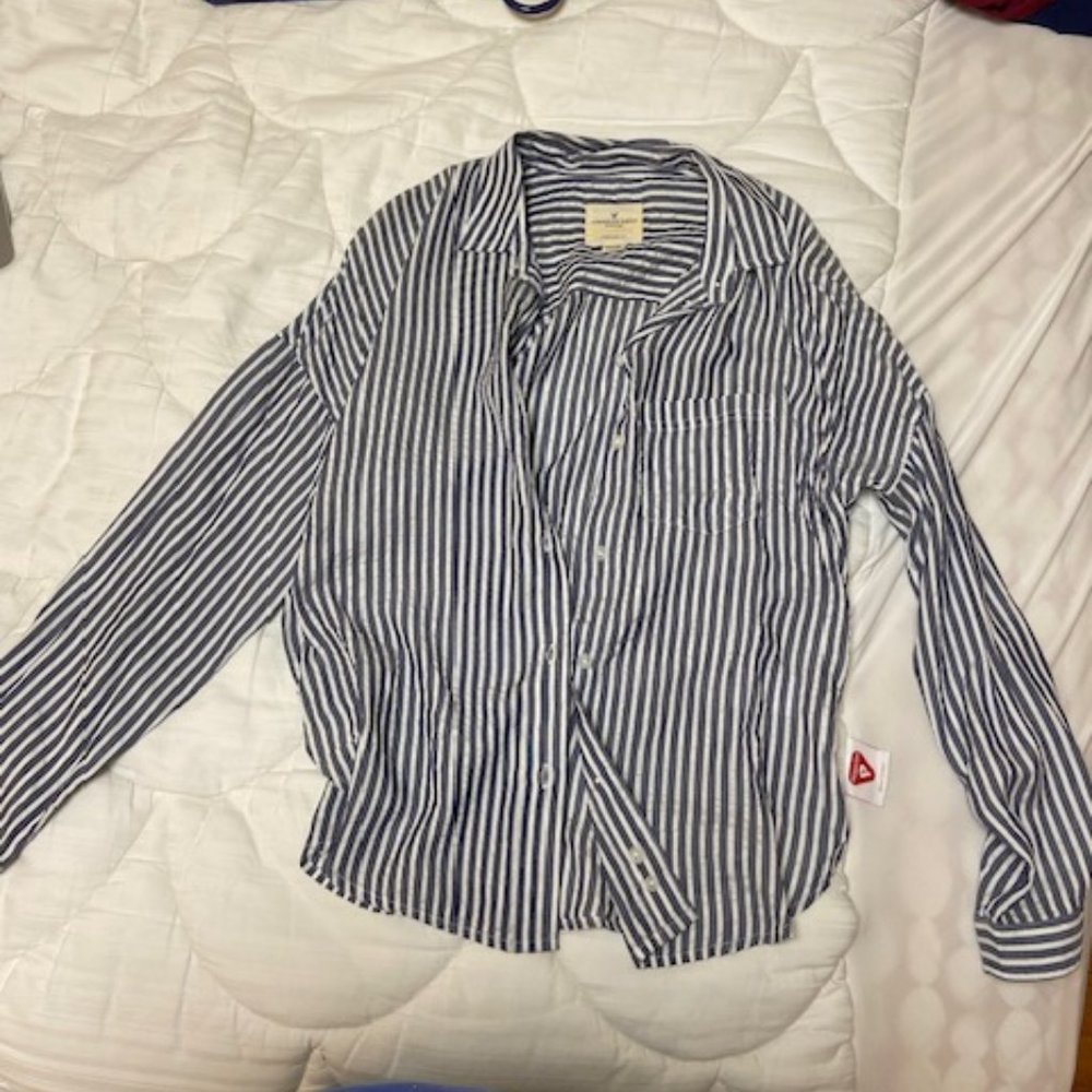 AE OVERSIZED STRIPED DOLMAN SHIRT, Navy, Size XS